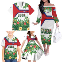 Cuba Floral Family Matching Off The Shoulder Long Sleeve Dress and Hawaiian Shirt Tropical Flower Design with Cuban Flag and Cuba en Flor Script - Wonder Print Shop