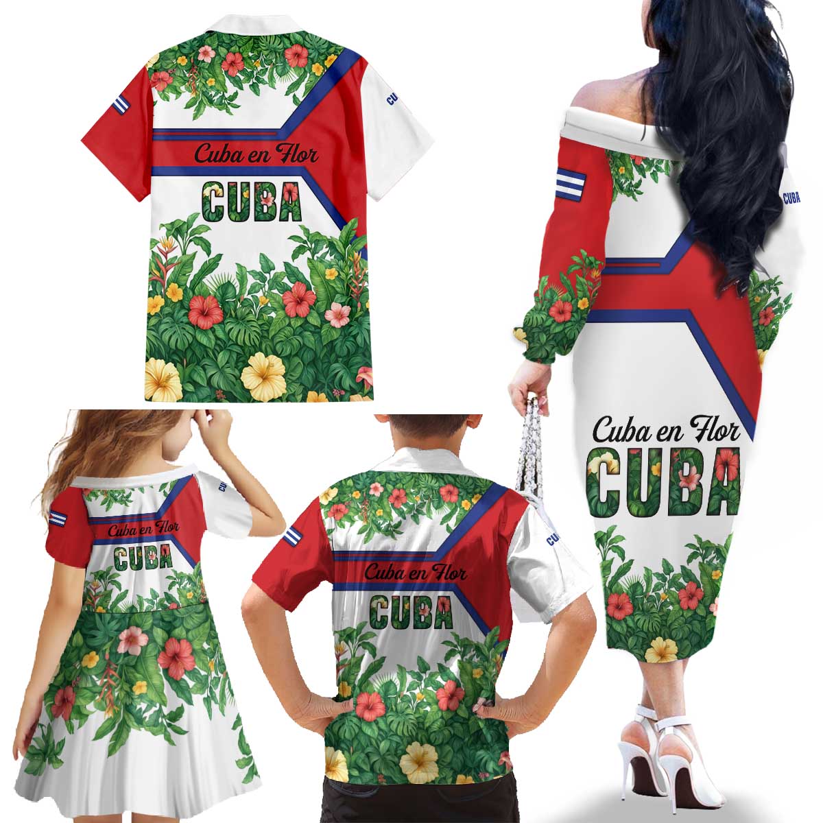 Cuba Floral Family Matching Off The Shoulder Long Sleeve Dress and Hawaiian Shirt Tropical Flower Design with Cuban Flag and Cuba en Flor Script - Wonder Print Shop
