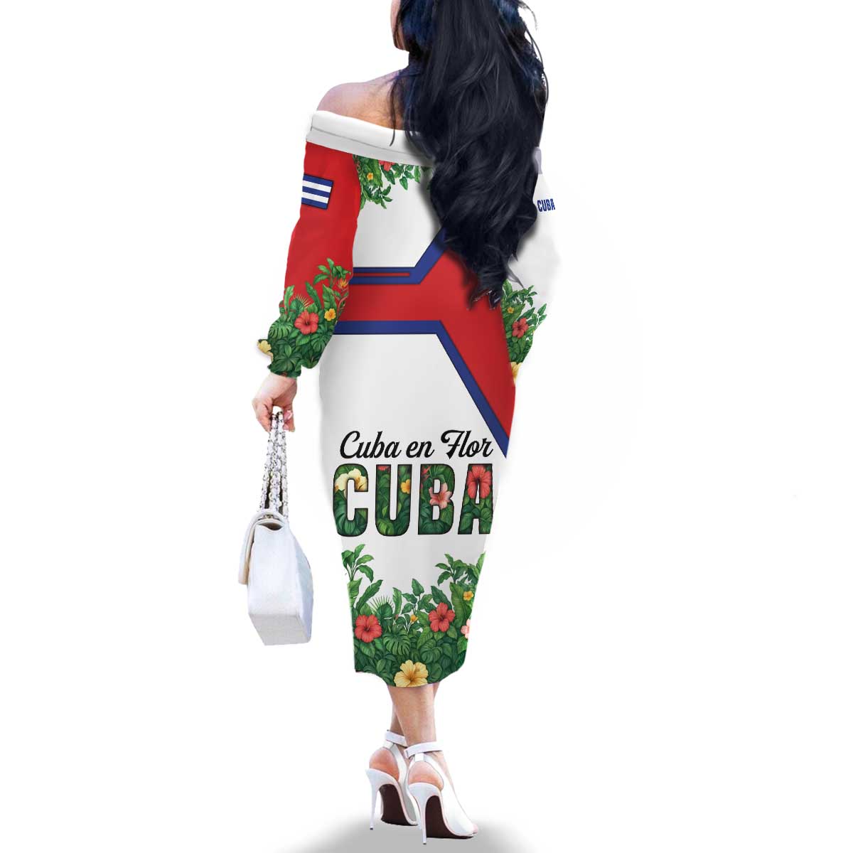 Cuba Floral Family Matching Off The Shoulder Long Sleeve Dress and Hawaiian Shirt Tropical Flower Design with Cuban Flag and Cuba en Flor Script - Wonder Print Shop