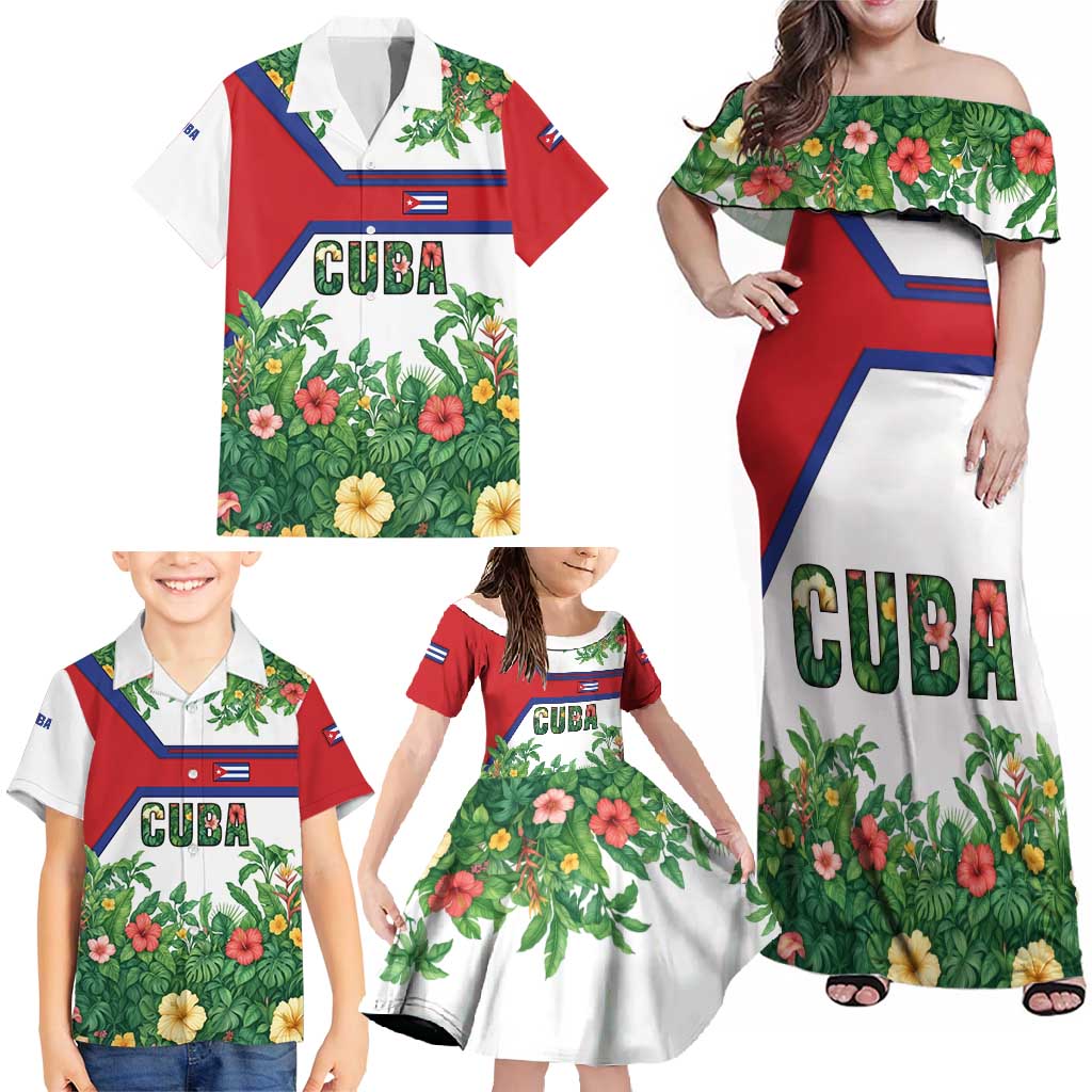 Cuba Floral Family Matching Off Shoulder Maxi Dress and Hawaiian Shirt Tropical Flower Design with Cuban Flag and Cuba en Flor Script - Wonder Print Shop