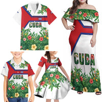 Cuba Floral Family Matching Off Shoulder Maxi Dress and Hawaiian Shirt Tropical Flower Design with Cuban Flag and Cuba en Flor Script - Wonder Print Shop