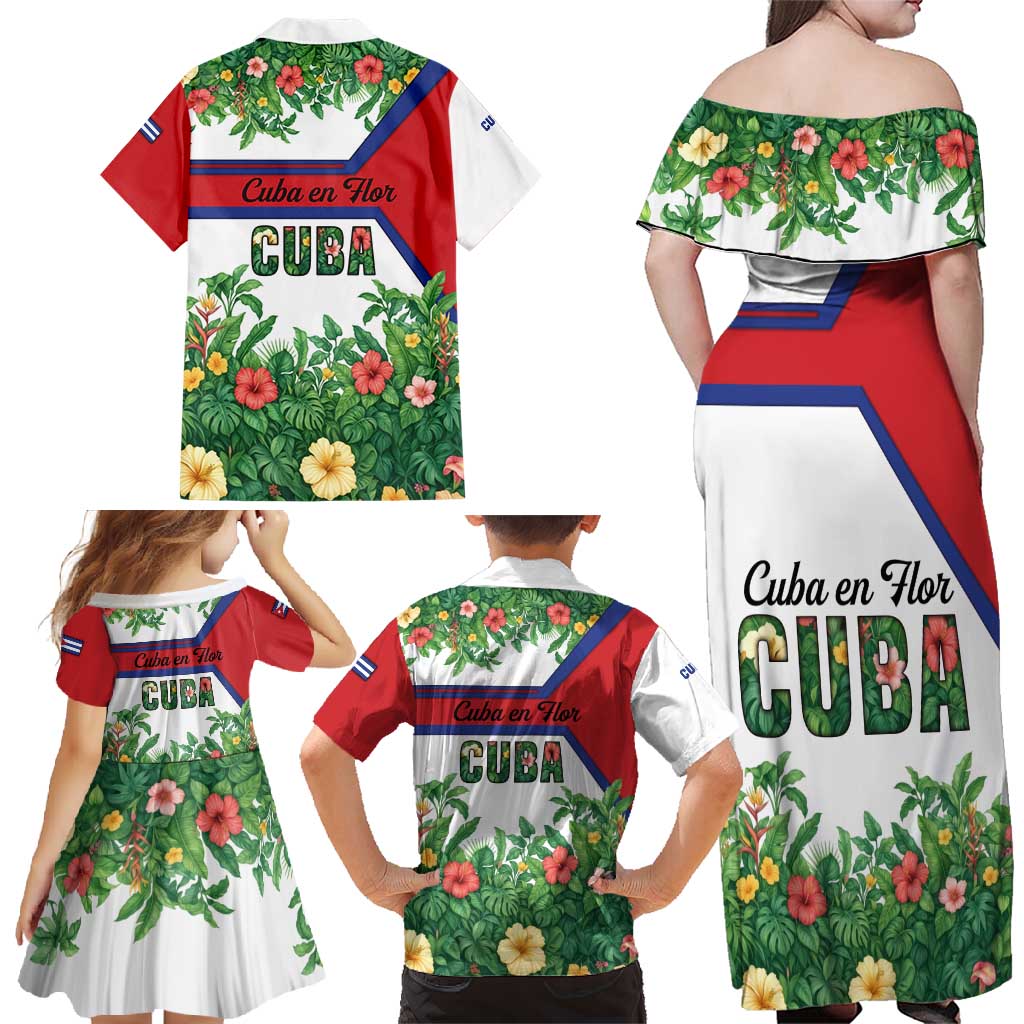 Cuba Floral Family Matching Off Shoulder Maxi Dress and Hawaiian Shirt Tropical Flower Design with Cuban Flag and Cuba en Flor Script - Wonder Print Shop