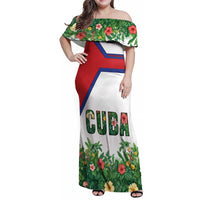 Cuba Floral Family Matching Off Shoulder Maxi Dress and Hawaiian Shirt Tropical Flower Design with Cuban Flag and Cuba en Flor Script - Wonder Print Shop