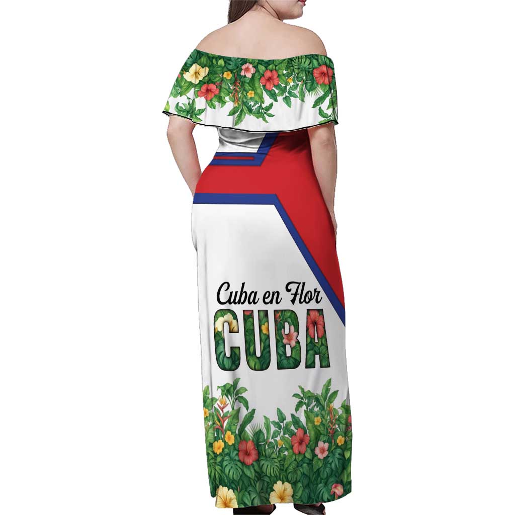 Cuba Floral Family Matching Off Shoulder Maxi Dress and Hawaiian Shirt Tropical Flower Design with Cuban Flag and Cuba en Flor Script - Wonder Print Shop