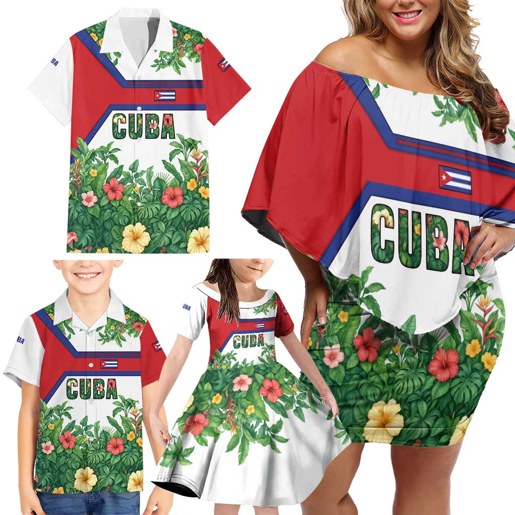 Cuba Floral Family Matching Off Shoulder Short Dress and Hawaiian Shirt Tropical Flower Design with Cuban Flag and Cuba en Flor Script - Wonder Print Shop