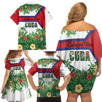 Cuba Floral Family Matching Off Shoulder Short Dress and Hawaiian Shirt Tropical Flower Design with Cuban Flag and Cuba en Flor Script - Wonder Print Shop