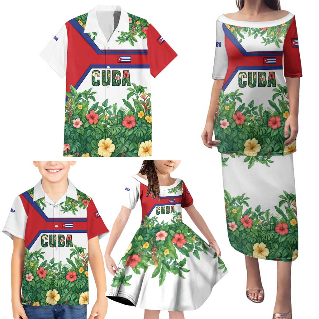 Cuba Floral Family Matching Puletasi and Hawaiian Shirt Tropical Flower Design with Cuban Flag and Cuba en Flor Script - Wonder Print Shop