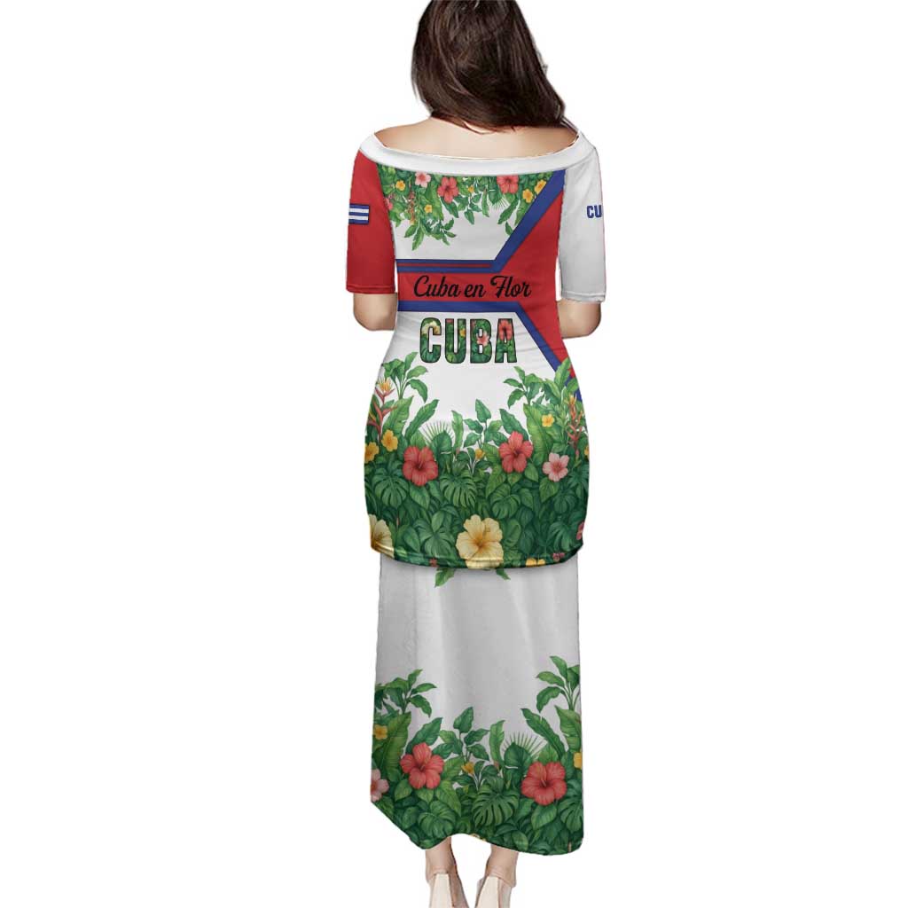 Cuba Floral Family Matching Puletasi and Hawaiian Shirt Tropical Flower Design with Cuban Flag and Cuba en Flor Script - Wonder Print Shop