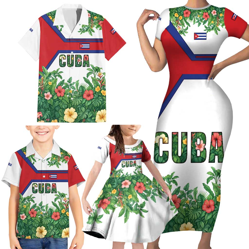Cuba Floral Family Matching Short Sleeve Bodycon Dress and Hawaiian Shirt Tropical Flower Design with Cuban Flag and Cuba en Flor Script - Wonder Print Shop