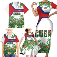 Cuba Floral Family Matching Short Sleeve Bodycon Dress and Hawaiian Shirt Tropical Flower Design with Cuban Flag and Cuba en Flor Script - Wonder Print Shop