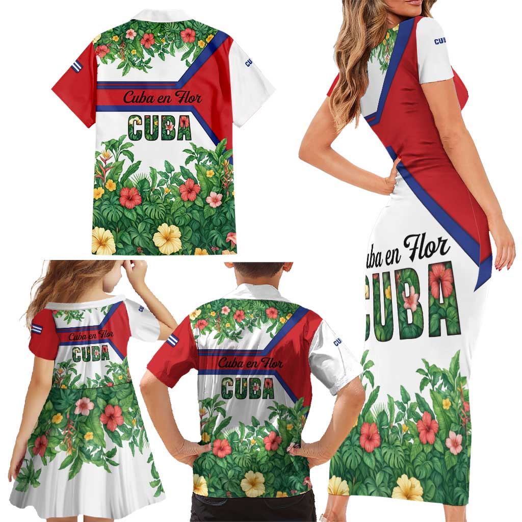 Cuba Floral Family Matching Short Sleeve Bodycon Dress and Hawaiian Shirt Tropical Flower Design with Cuban Flag and Cuba en Flor Script - Wonder Print Shop