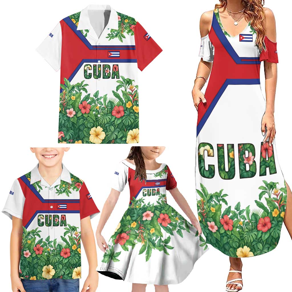 Cuba Floral Family Matching Summer Maxi Dress and Hawaiian Shirt Tropical Flower Design with Cuban Flag and Cuba en Flor Script - Wonder Print Shop