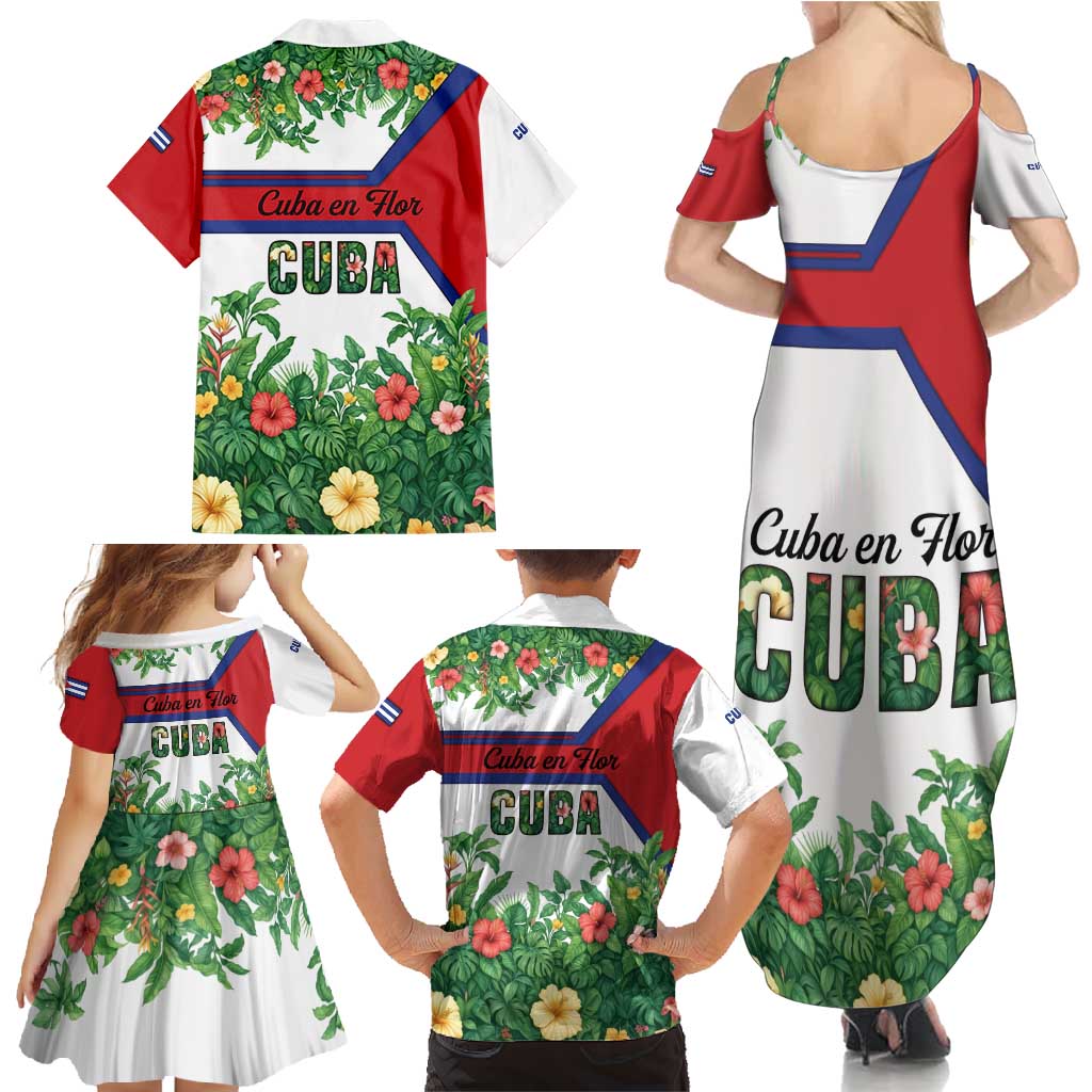Cuba Floral Family Matching Summer Maxi Dress and Hawaiian Shirt Tropical Flower Design with Cuban Flag and Cuba en Flor Script - Wonder Print Shop