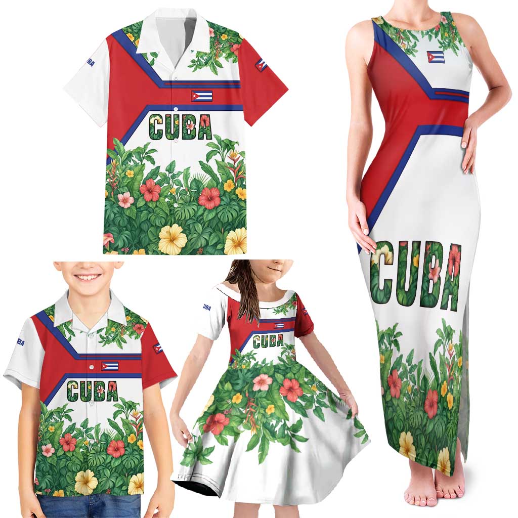 Cuba Floral Family Matching Tank Maxi Dress and Hawaiian Shirt Tropical Flower Design with Cuban Flag and Cuba en Flor Script - Wonder Print Shop