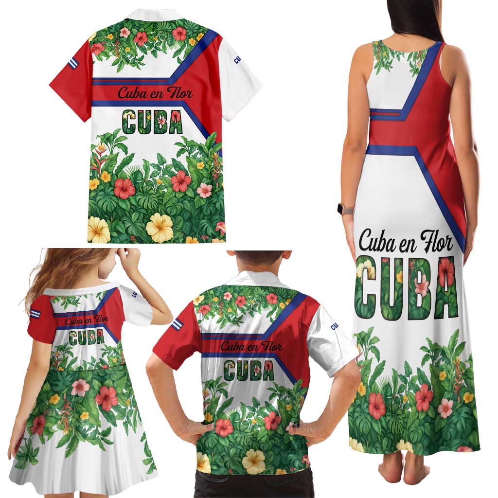 Cuba Floral Family Matching Tank Maxi Dress and Hawaiian Shirt Tropical Flower Design with Cuban Flag and Cuba en Flor Script - Wonder Print Shop