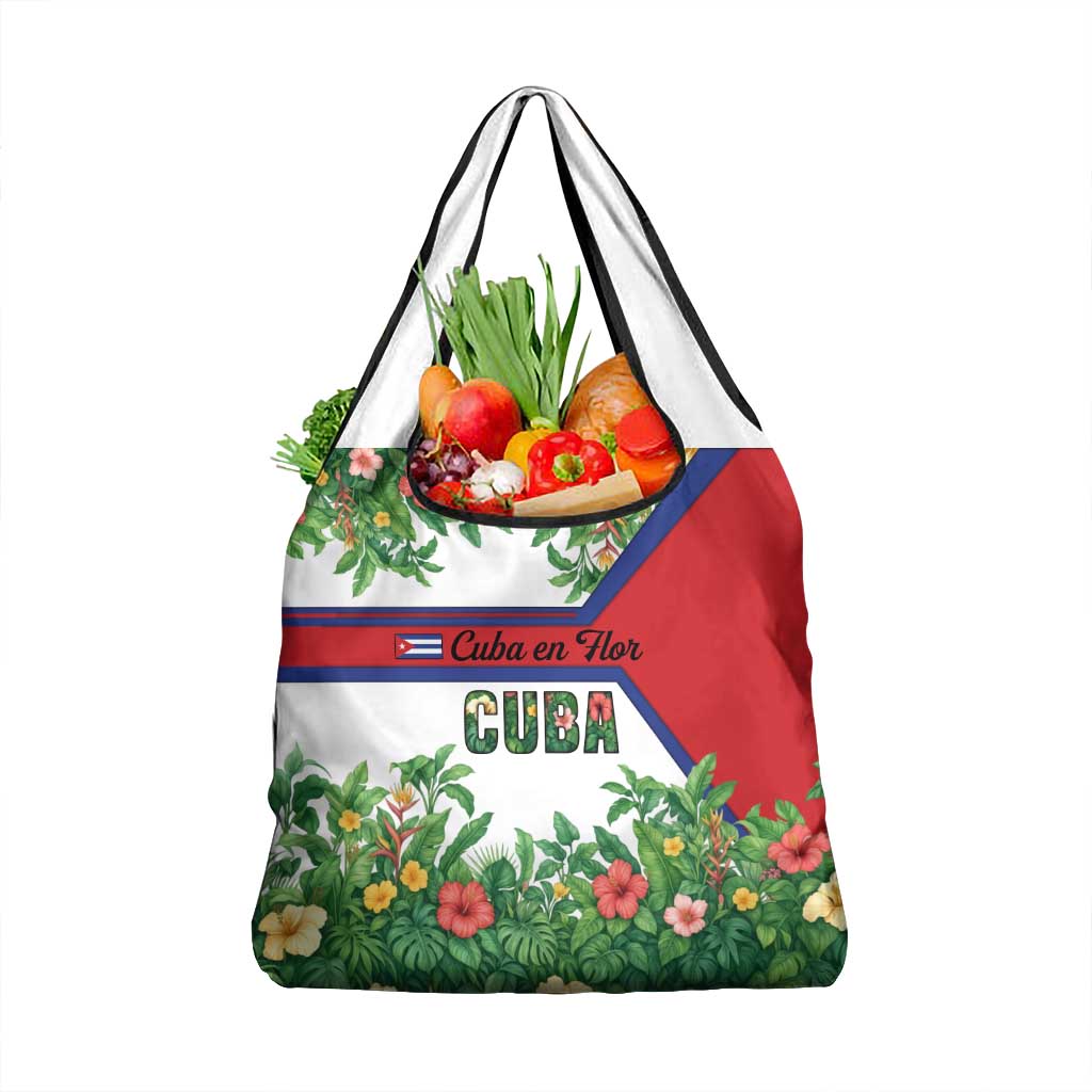 Cuba Floral Grocery Bag Tropical Flower Design with Cuban Flag and Cuba en Flor Script - Wonder Print Shop