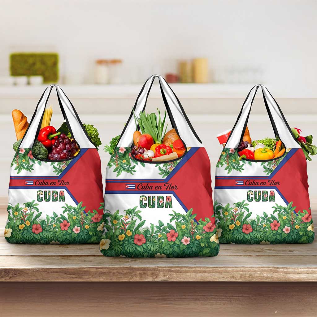 Cuba Floral Grocery Bag Tropical Flower Design with Cuban Flag and Cuba en Flor Script - Wonder Print Shop