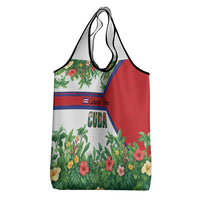 Cuba Floral Grocery Bag Tropical Flower Design with Cuban Flag and Cuba en Flor Script - Wonder Print Shop