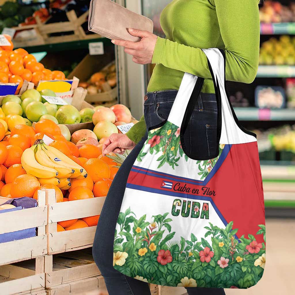 Cuba Floral Grocery Bag Tropical Flower Design with Cuban Flag and Cuba en Flor Script - Wonder Print Shop