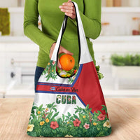 Cuba Floral Grocery Bag Tropical Flower Design with Cuban Flag and Cuba en Flor Script - Wonder Print Shop