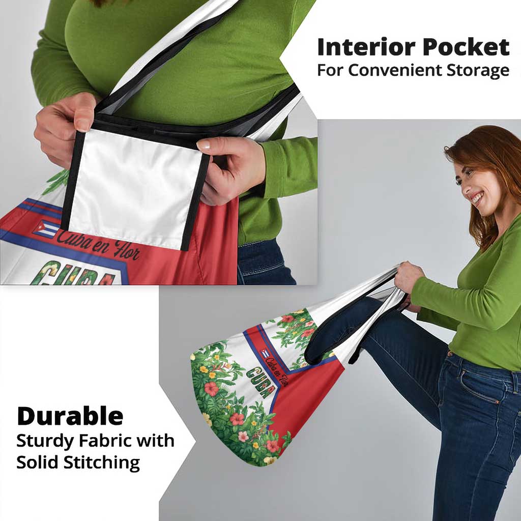 Cuba Floral Grocery Bag Tropical Flower Design with Cuban Flag and Cuba en Flor Script - Wonder Print Shop