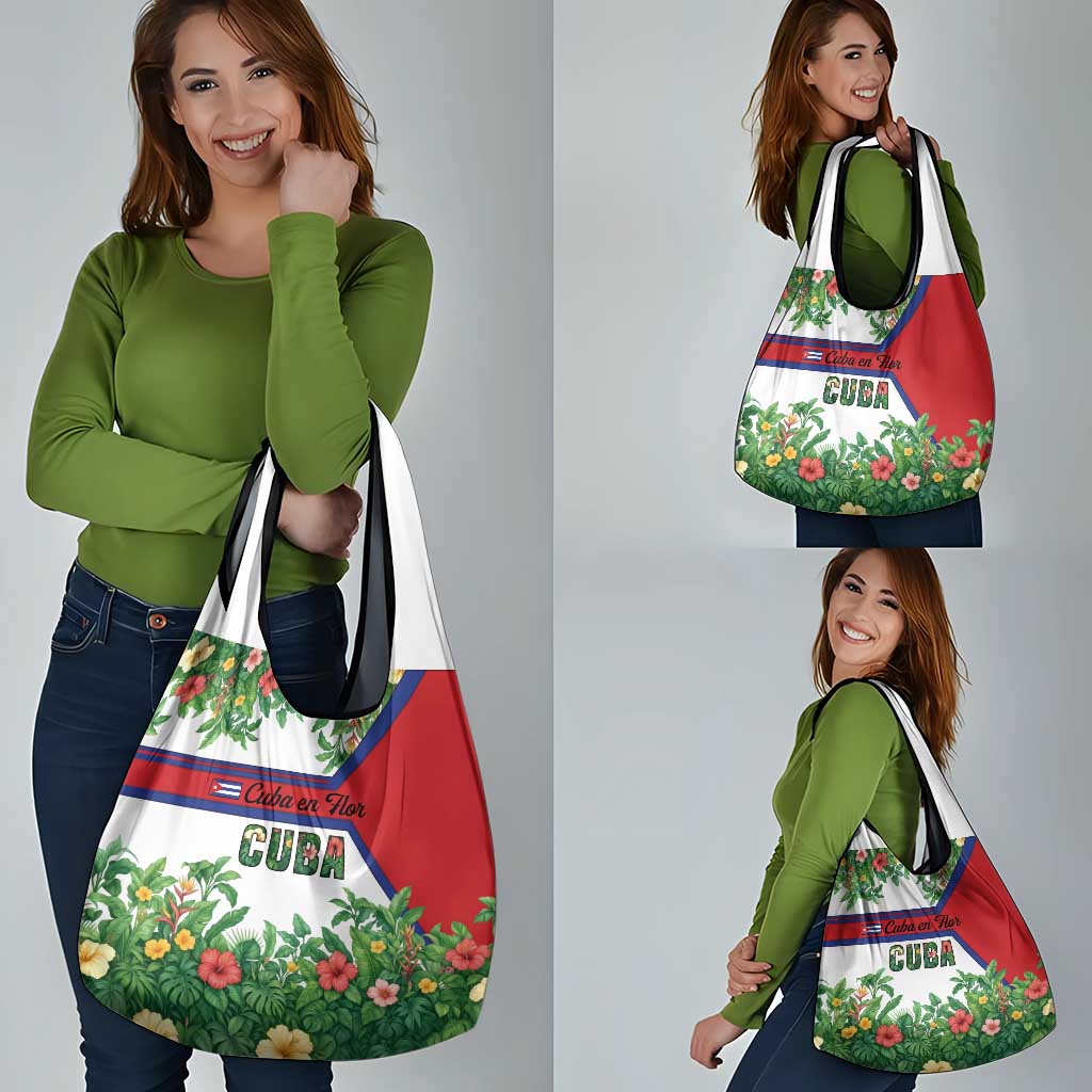 Cuba Floral Grocery Bag Tropical Flower Design with Cuban Flag and Cuba en Flor Script - Wonder Print Shop