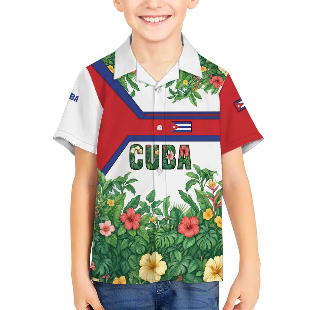 Cuba Floral Kid Hawaiian Shirt Tropical Flower Design with Cuban Flag and Cuba en Flor Script - Wonder Print Shop