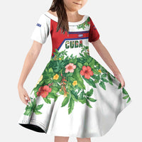 Cuba Floral Kid Short Sleeve Dress Tropical Flower Design with Cuban Flag and Cuba en Flor Script - Wonder Print Shop