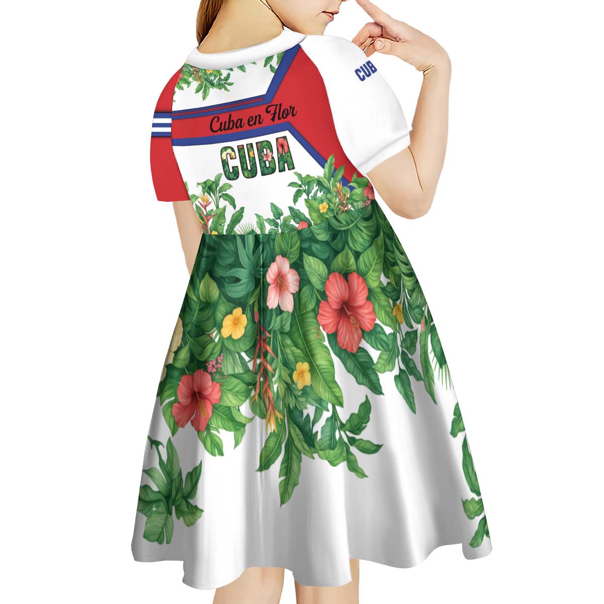 Cuba Floral Kid Short Sleeve Dress Tropical Flower Design with Cuban Flag and Cuba en Flor Script - Wonder Print Shop