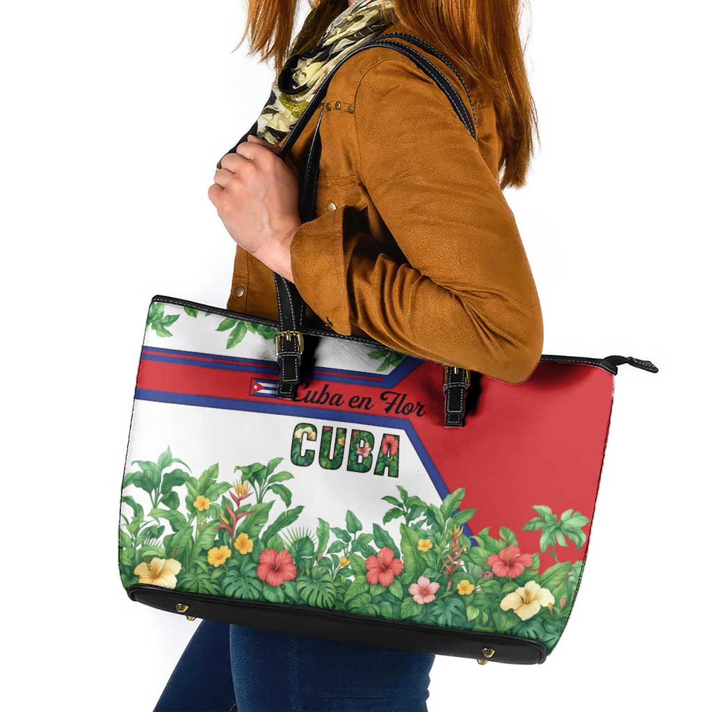 Cuba Floral Leather Tote Bag Tropical Flower Design with Cuban Flag and Cuba en Flor Script - Wonder Print Shop