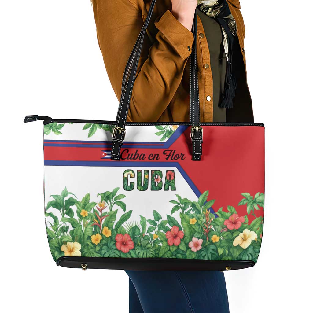 Cuba Floral Leather Tote Bag Tropical Flower Design with Cuban Flag and Cuba en Flor Script - Wonder Print Shop