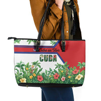 Cuba Floral Leather Tote Bag Tropical Flower Design with Cuban Flag and Cuba en Flor Script - Wonder Print Shop