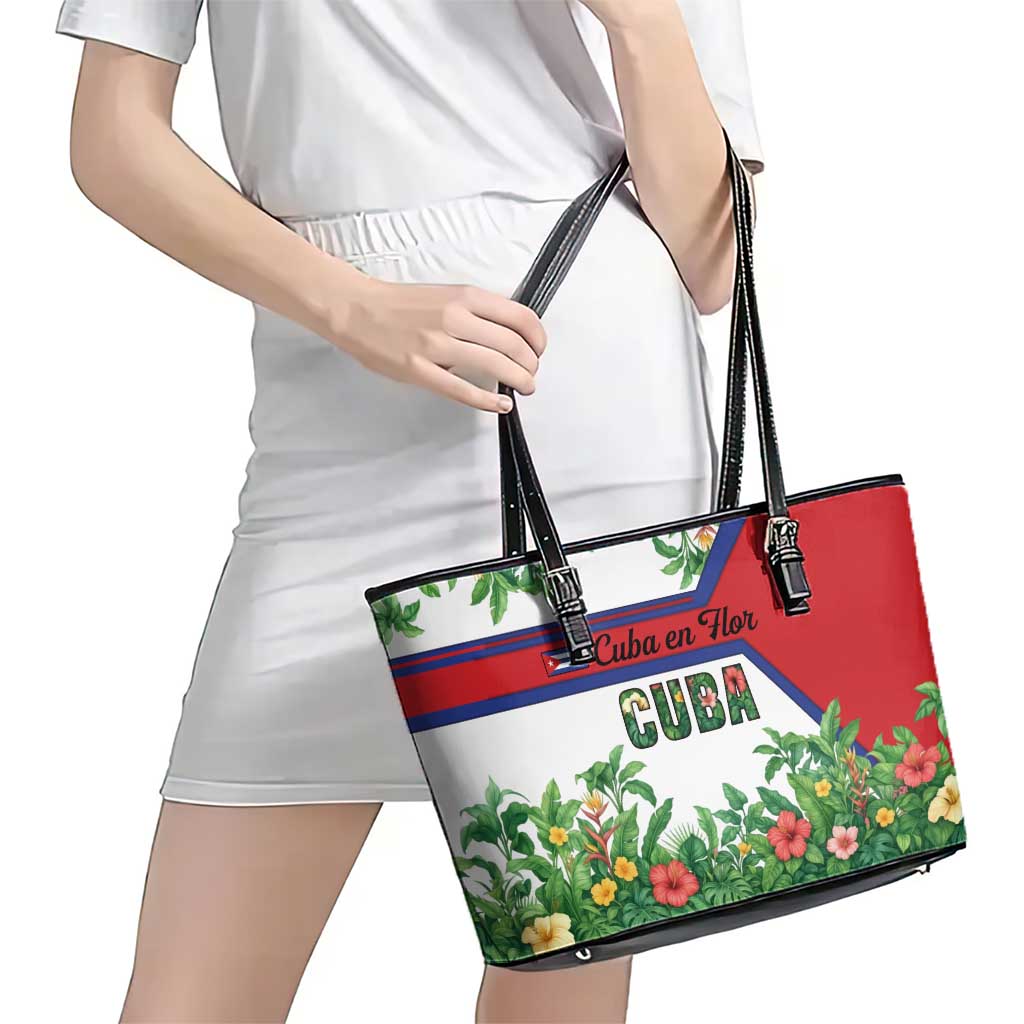 Cuba Floral Leather Tote Bag Tropical Flower Design with Cuban Flag and Cuba en Flor Script - Wonder Print Shop