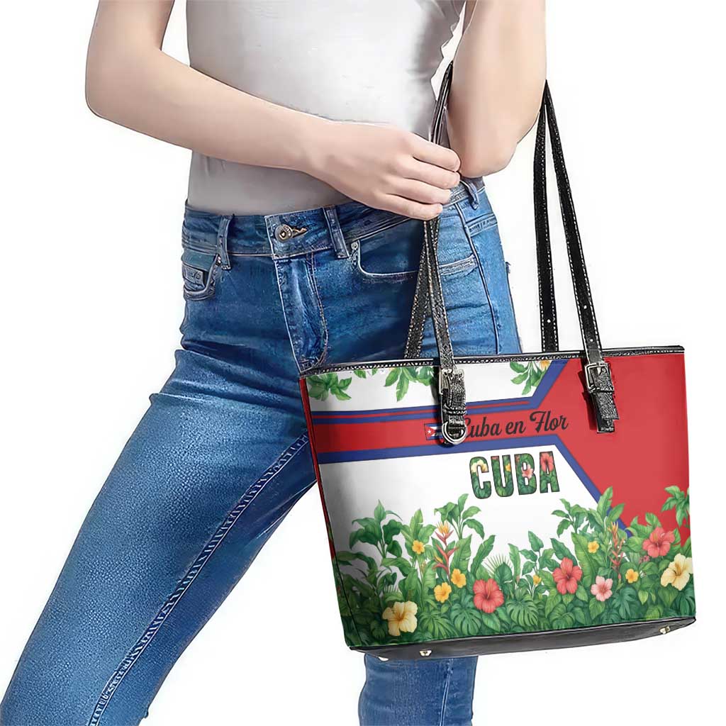 Cuba Floral Leather Tote Bag Tropical Flower Design with Cuban Flag and Cuba en Flor Script - Wonder Print Shop