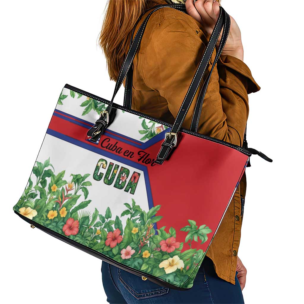 Cuba Floral Leather Tote Bag Tropical Flower Design with Cuban Flag and Cuba en Flor Script - Wonder Print Shop