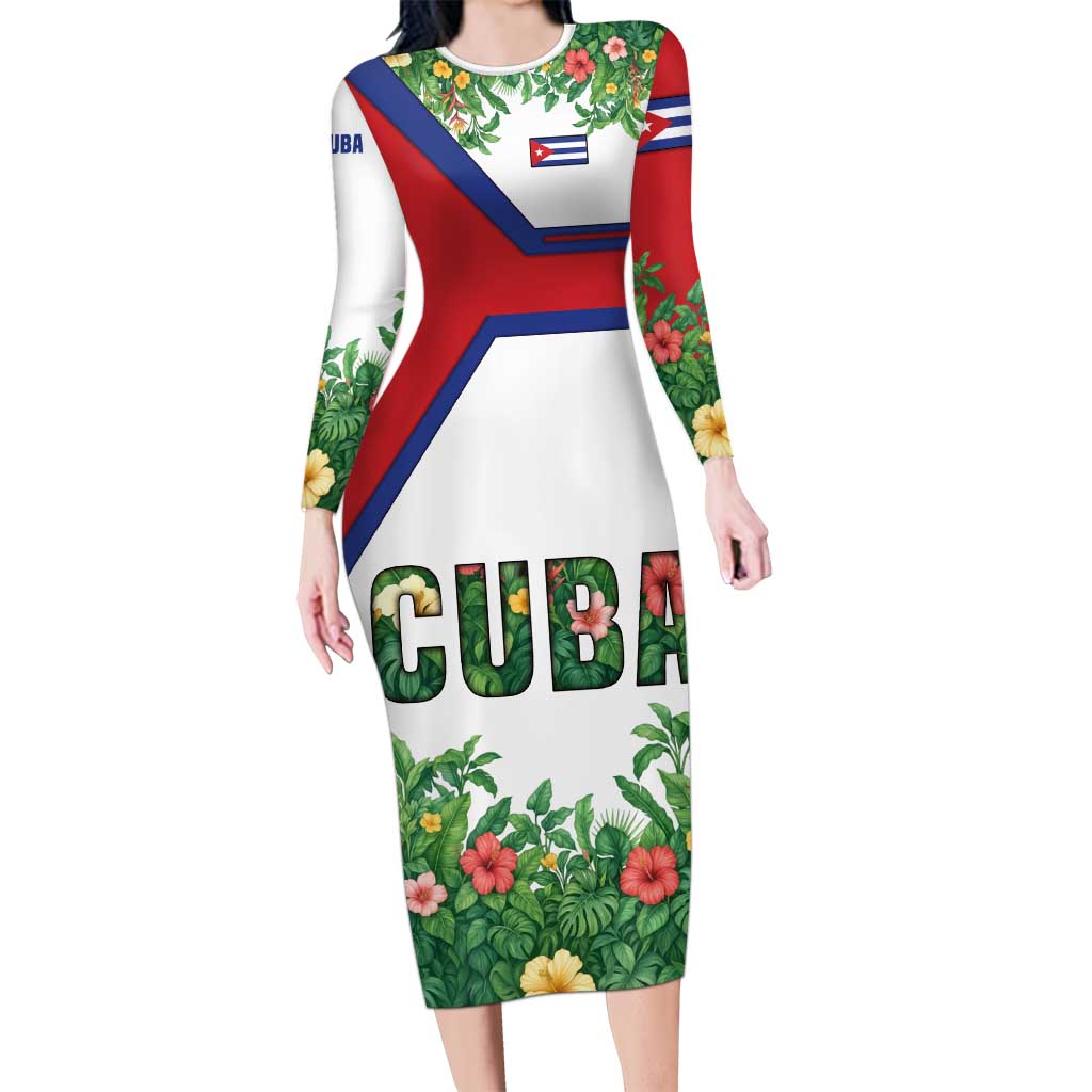 Cuba Floral Long Sleeve Bodycon Dress Tropical Flower Design with Cuban Flag and Cuba en Flor Script - Wonder Print Shop