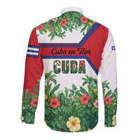 Cuba Floral Long Sleeve Button Shirt Tropical Flower Design with Cuban Flag and Cuba en Flor Script - Wonder Print Shop