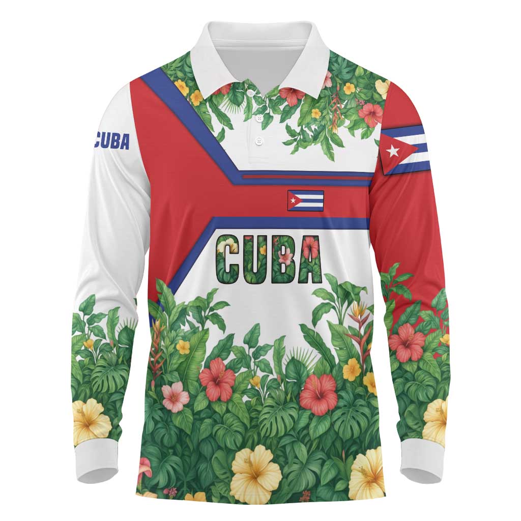 Cuba Floral Long Sleeve Polo Shirt Tropical Flower Design with Cuban Flag and Cuba en Flor Script - Wonder Print Shop