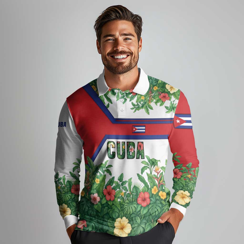 Cuba Floral Long Sleeve Polo Shirt Tropical Flower Design with Cuban Flag and Cuba en Flor Script - Wonder Print Shop