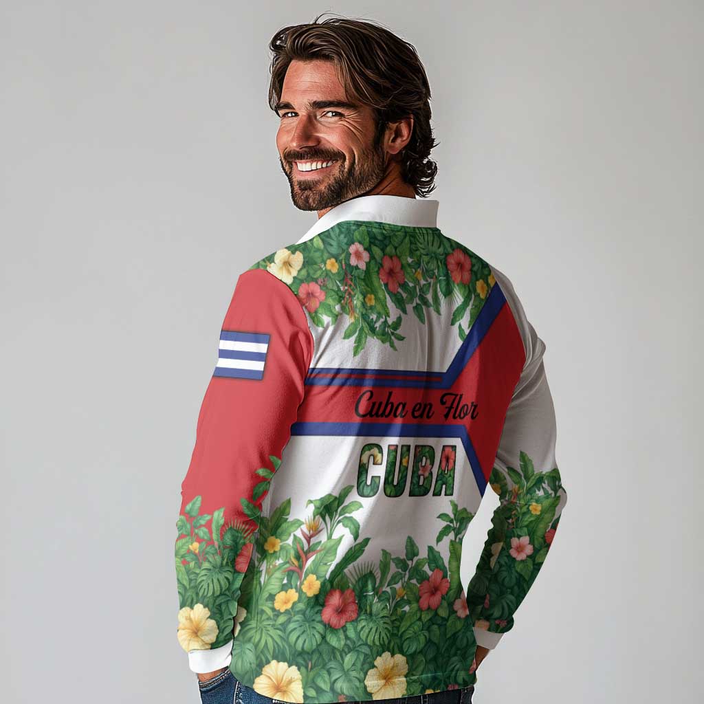 Cuba Floral Long Sleeve Polo Shirt Tropical Flower Design with Cuban Flag and Cuba en Flor Script - Wonder Print Shop