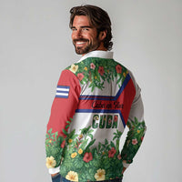 Cuba Floral Long Sleeve Polo Shirt Tropical Flower Design with Cuban Flag and Cuba en Flor Script - Wonder Print Shop