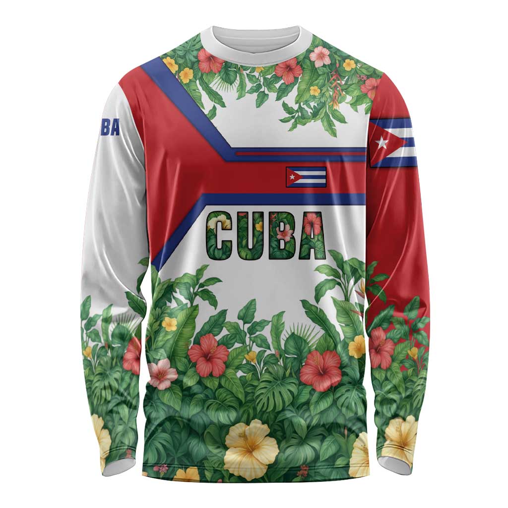 Cuba Floral Long Sleeve Shirt Tropical Flower Design with Cuban Flag and Cuba en Flor Script - Wonder Print Shop