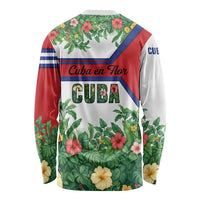 Cuba Floral Long Sleeve Shirt Tropical Flower Design with Cuban Flag and Cuba en Flor Script - Wonder Print Shop