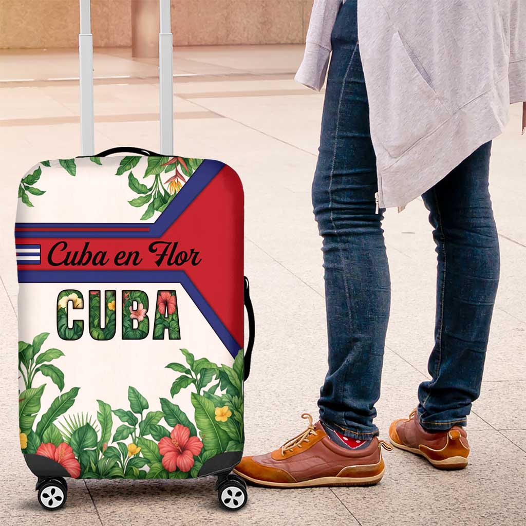 Cuba Floral Luggage Cover Tropical Flower Design with Cuban Flag and Cuba en Flor Script - Wonder Print Shop