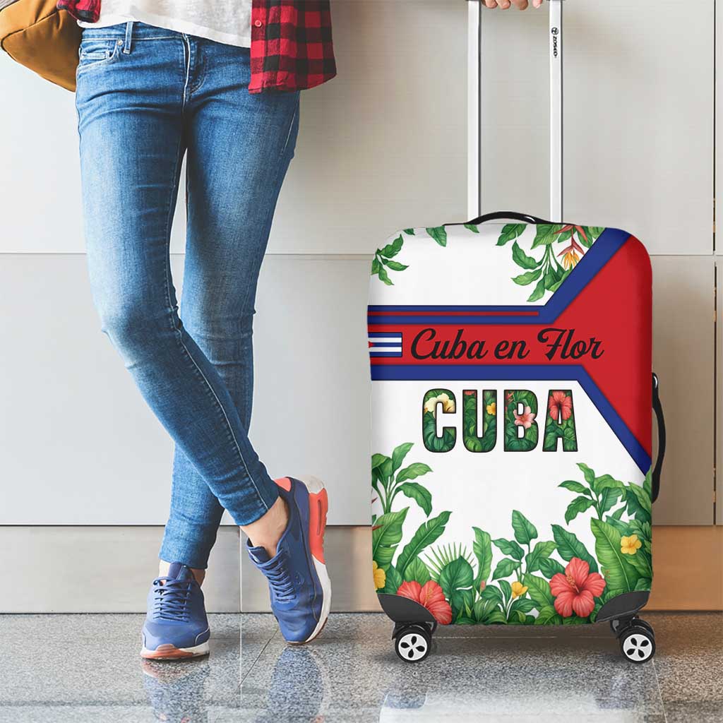 Cuba Floral Luggage Cover Tropical Flower Design with Cuban Flag and Cuba en Flor Script - Wonder Print Shop