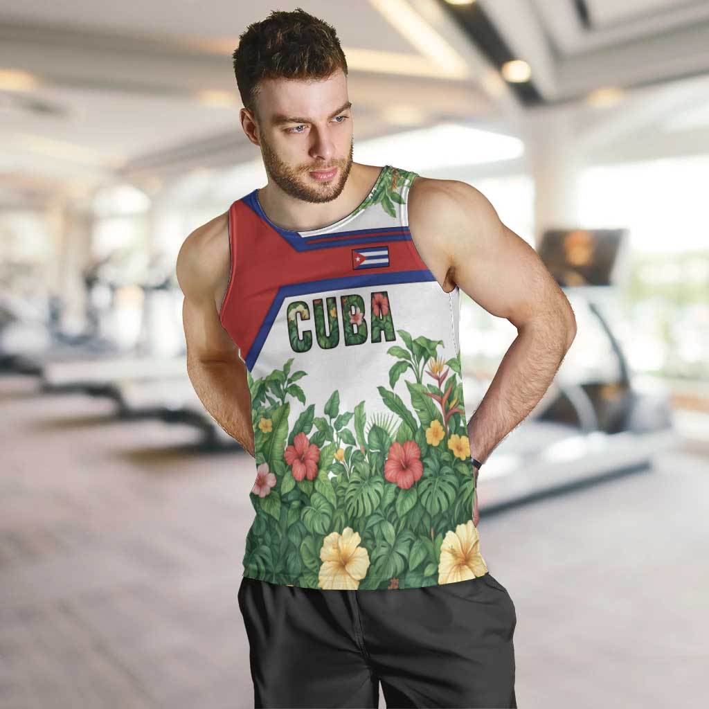 Cuba Floral Men Tank Top Tropical Flower Design with Cuban Flag and Cuba en Flor Script - Wonder Print Shop
