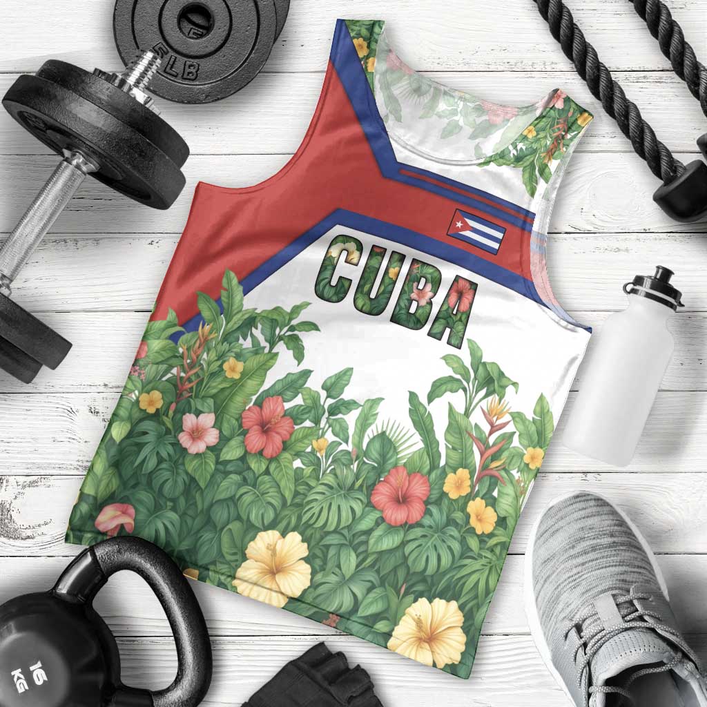 Cuba Floral Men Tank Top Tropical Flower Design with Cuban Flag and Cuba en Flor Script - Wonder Print Shop