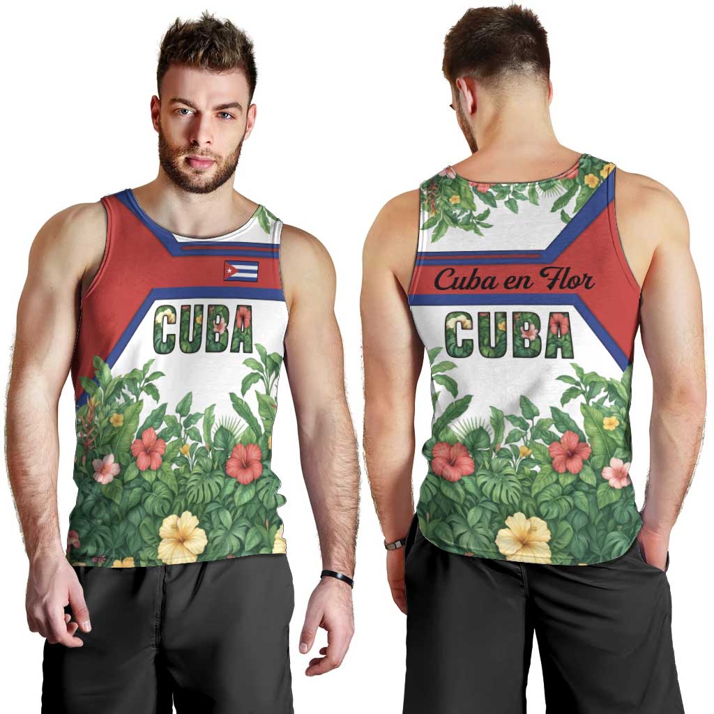 Cuba Floral Men Tank Top Tropical Flower Design with Cuban Flag and Cuba en Flor Script - Wonder Print Shop