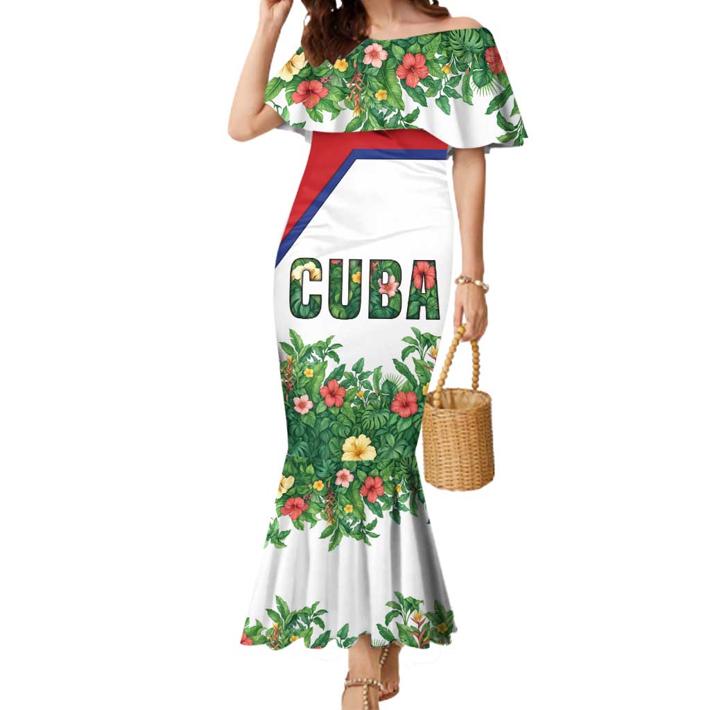 Cuba Floral Mermaid Dress Tropical Flower Design with Cuban Flag and Cuba en Flor Script - Wonder Print Shop