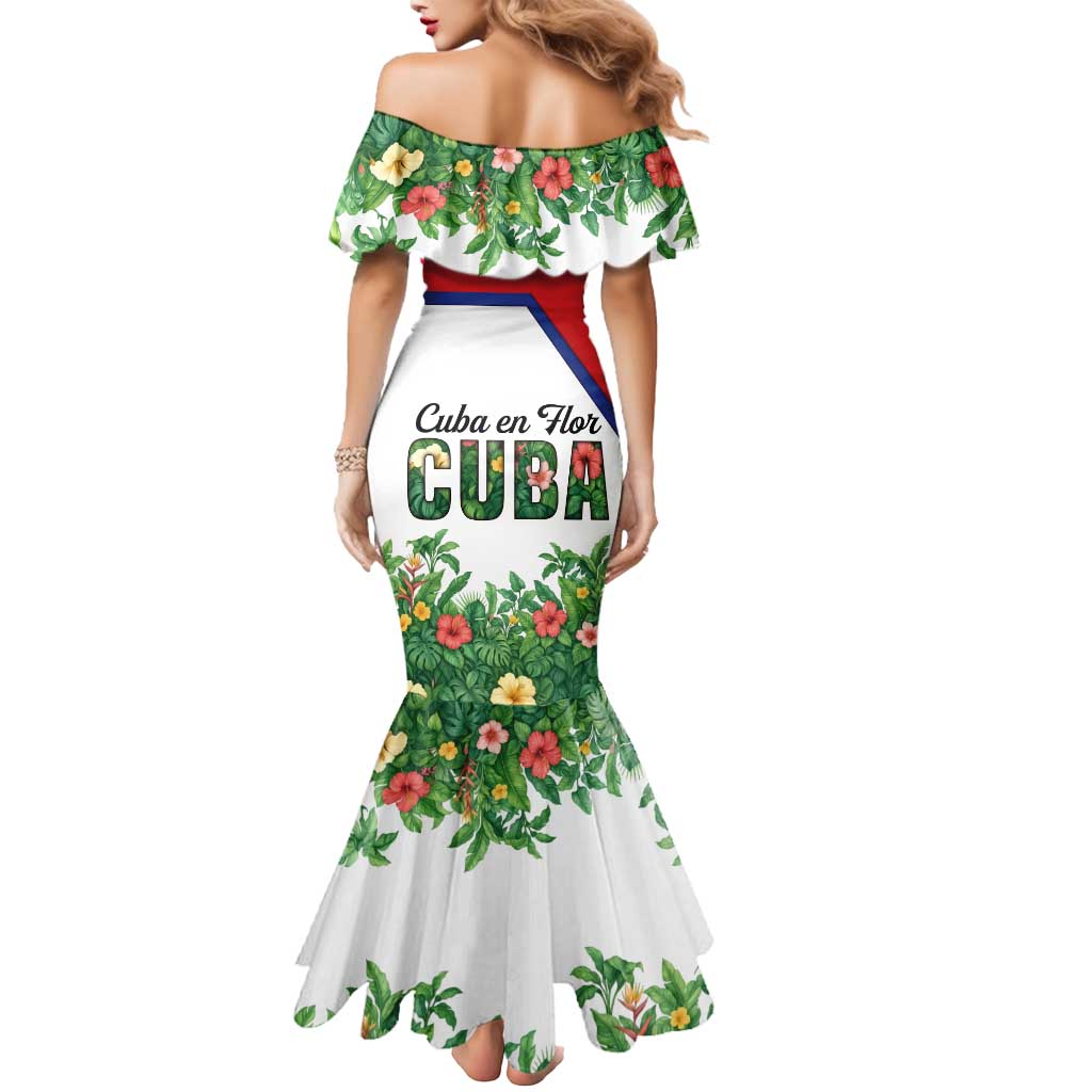 Cuba Floral Mermaid Dress Tropical Flower Design with Cuban Flag and Cuba en Flor Script - Wonder Print Shop